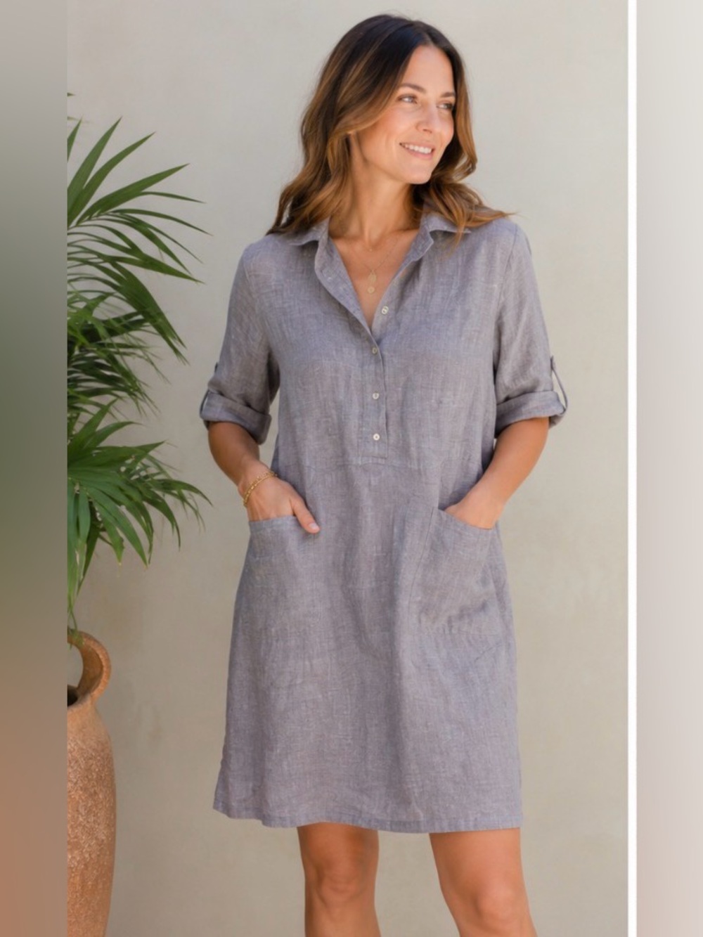 Kenar 100% Linen Shirt Dress Pockets Coastal Minimalist Quiet Luxury Sz S